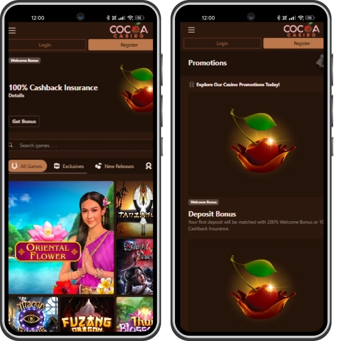 Cocoa Casino Mobile App Interface